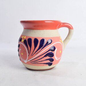 Mexican Hand Painted Coffee Cup Mug Folk Art 8 oz Coral Orange Blue Yellow Swirl